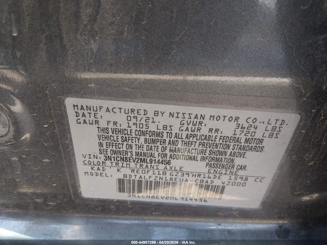 Aukcja sprzedaży 2021 Nissan Versa Sv Xtronic Cvt, vin: 3N1CN8EV2ML914456, numer aukcji: 44907299