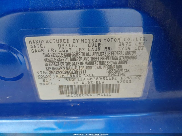 Продажа на аукционе авто 2016 Nissan Versa Note S (sr)/s Plus/sl/sr/sv, vin: 3N1CE2CP6GL391111, номер лота: 44907319