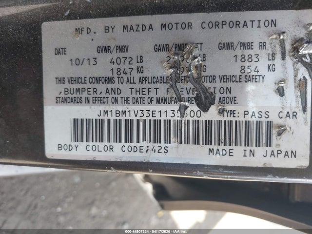 2014 Mazda Mazda3 S Touring მანქანა იყიდება აუქციონზე, vin: JM1BM1V33E1135500, აუქციონის ნომერი: 44907324