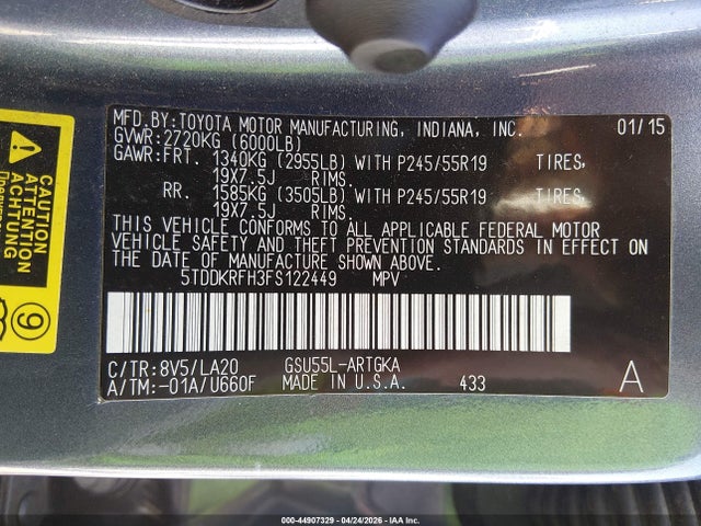 Toyota Highlander Limited V6 2015 5TDDKRFH3FS122449 Image 9