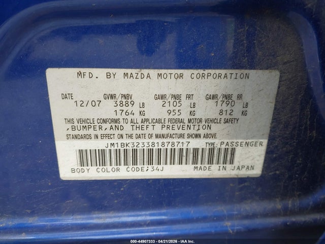 Продажа на аукционе авто 2008 Mazda Mazda3 S Touring, vin: JM1BK323381878717, номер лота: 44907333