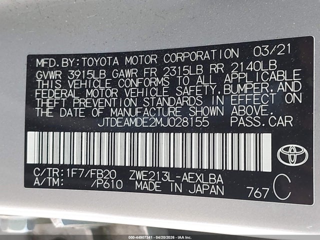 Aukcja sprzedaży 2021 Toyota Corolla Hybrid Le, vin: JTDEAMDE2MJ028155, numer aukcji: 44907341
