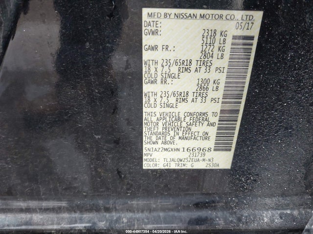 44907354 :رقم المزاد ، 5N1AZ2MGXHN166968 vin ، 2017 Nissan Murano Sv مزاد بيع