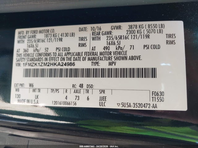 44907363 :رقم المزاد ، 1FMZK1ZM2HKA24986 vin ، 2017 Ford Transit-150 Xlt مزاد بيع