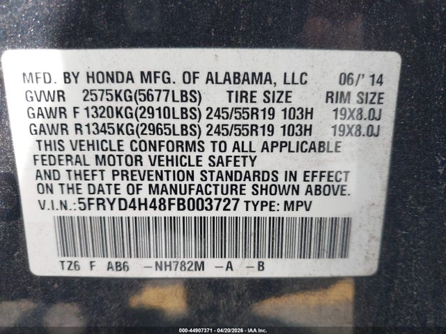 44907371 :رقم المزاد ، 5FRYD4H48FB003727 vin ، 2015 Acura Mdx Technology Package مزاد بيع