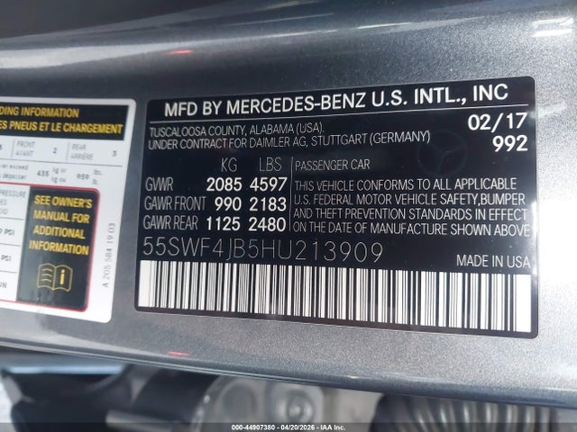 44907380 :رقم المزاد ، 55SWF4JB5HU213909 vin ، 2017 Mercedes-benz C 300 Sport مزاد بيع