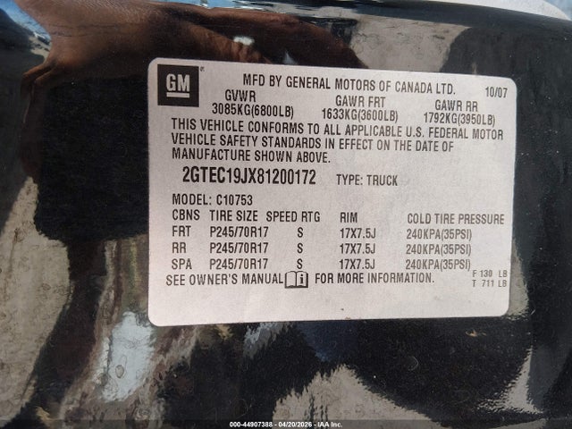 44907388 :رقم المزاد ، 2GTEC19JX81200172 vin ، 2008 Gmc Sierra 1500 Sle1 مزاد بيع