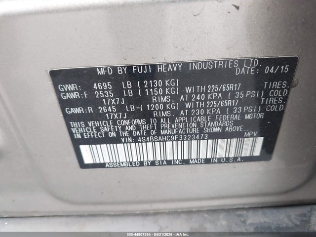 44907394 :رقم المزاد ، 4S4BSAHC9F3323473 vin ، 2015 Subaru Outback 2.5i Premium مزاد بيع