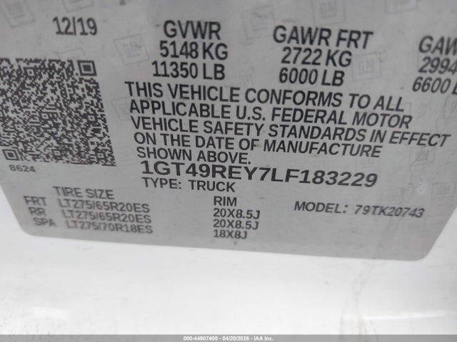 44907400 :رقم المزاد ، 1GT49REY7LF183229 vin ، 2020 Gmc Sierra 2500hd مزاد بيع