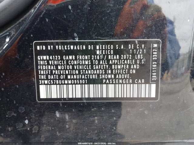 Auction sale of the 2021 Volkswagen Jetta 1.4t R-line/1.4t S/1.4t Se, vin: 3VWC57BU6MM095901, lot number: 44907415