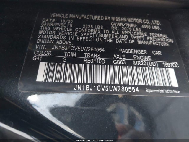Aukcja sprzedaży 2020 Nissan Rogue Sport Sv Fwd Xtronic Cvt, vin: JN1BJ1CV5LW280554, numer aukcji: 44907422