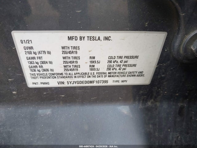 Продаж на аукціоні авто 2021 Tesla Model Y Standard Range Rear-wheel Drive, vin: 5YJYGDED0MF107395, номер лоту: 44907424