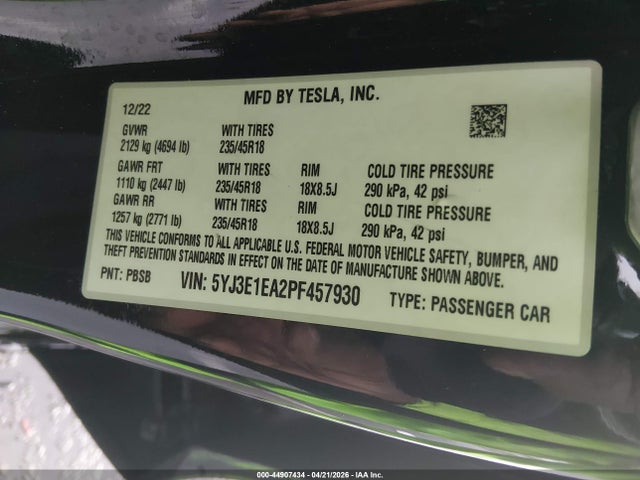 Aukcja sprzedaży 2023 Tesla Model 3 Rear-wheel Drive, vin: 5YJ3E1EA2PF457930, numer aukcji: 44907434