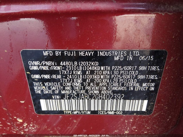 Продажа на аукционе авто 2016 Subaru Forester 2.5i, vin: JF2SJABC2GH402392, номер лота: 44907435