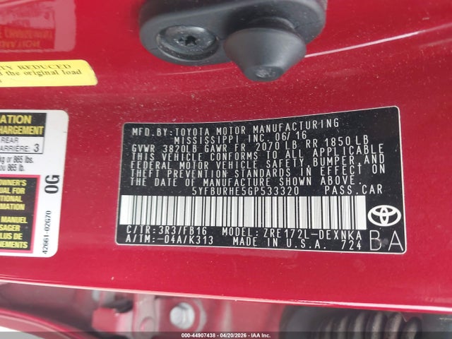 Aukcja sprzedaży 2016 Toyota Corolla Le, vin: 5YFBURHE5GP533320, numer aukcji: 44907438