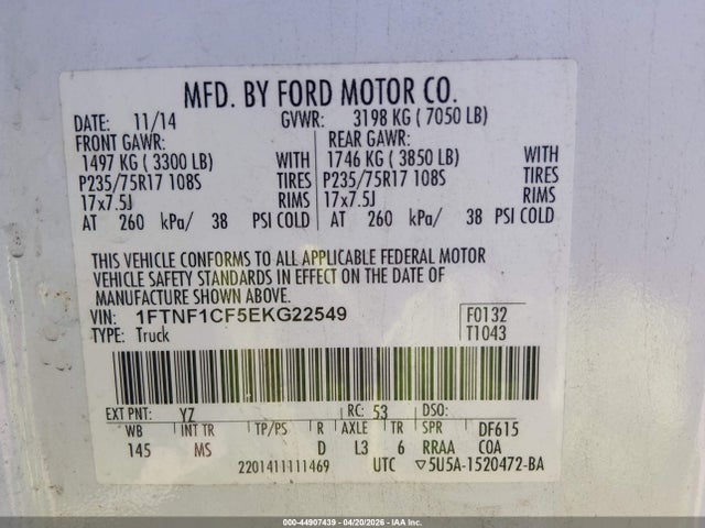 Продажа на аукционе авто 2014 Ford F-150 Xlt, vin: 1FTNF1CF5EKG22549, номер лота: 44907439