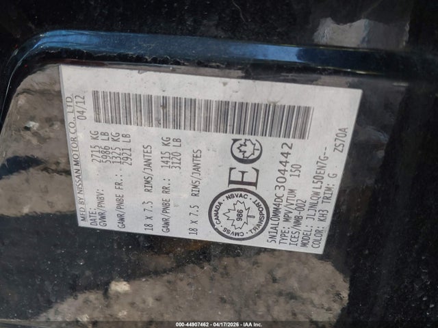 44907462 :رقم المزاد ، 5N1AL0MM4DC304442 vin ، 2013 Infiniti Jx35 مزاد بيع