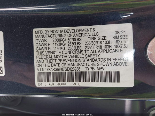 Продажа на аукционе авто 2025 Honda Cr-v Hybrid Sport-l, vin: 7FARS6H87SE026988, номер лота: 44907464