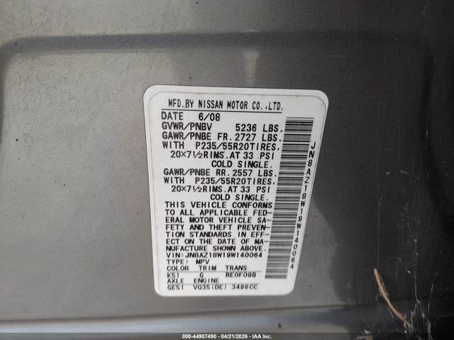 44907490 :رقم المزاد ، JN8AZ18W19W140064 vin ، 2009 Nissan Murano Le مزاد بيع
