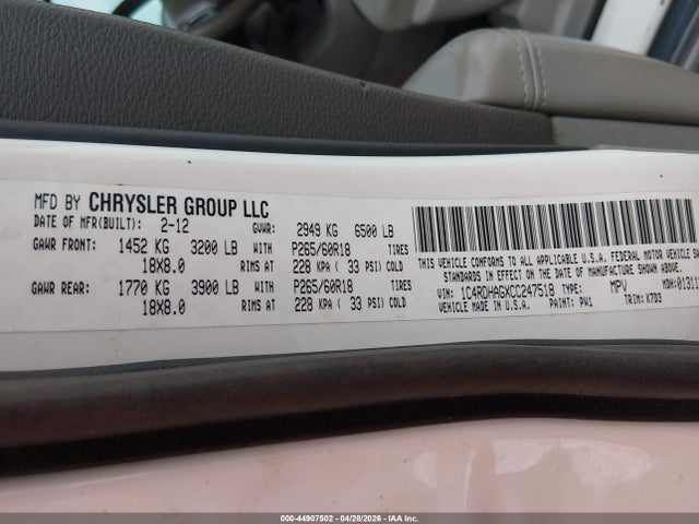 Aukcja sprzedaży 2012 Dodge Durango Sxt, vin: 1C4RDHAGXCC247518, numer aukcji: 44907502