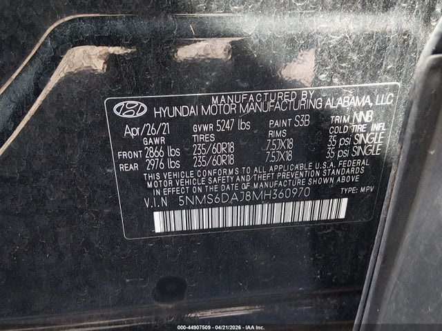 Aukcja sprzedaży 2021 Hyundai Santa Fe Sel, vin: 5NMS6DAJ8MH360970, numer aukcji: 44907509