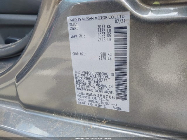 44907511 :رقم المزاد ، 1N4BL4DW6RN388086 vin ، 2024 Nissan Altima Sv Intelligent Awd مزاد بيع