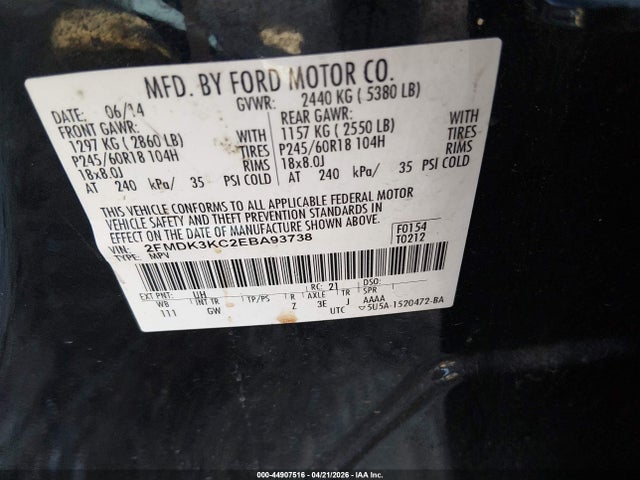 44907516 :رقم المزاد ، 2FMDK3KC2EBA93738 vin ، 2014 Ford Edge Limited مزاد بيع