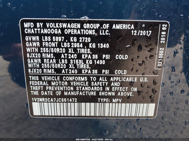 Aukcja sprzedaży 2018 Volkswagen Atlas 3.6l V6 Sel Premium, vin: 1V2NR2CA7JC551472, numer aukcji: 44907530