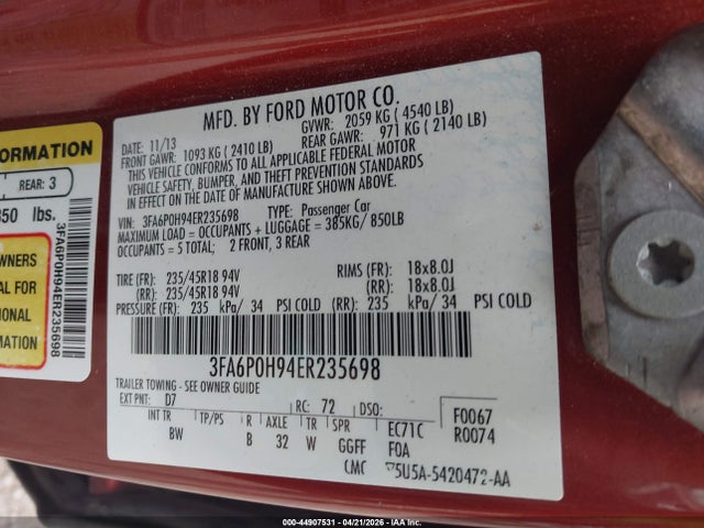 2014 Ford Fusion Se მანქანა იყიდება აუქციონზე, vin: 3FA6P0H94ER235698, აუქციონის ნომერი: 44907531