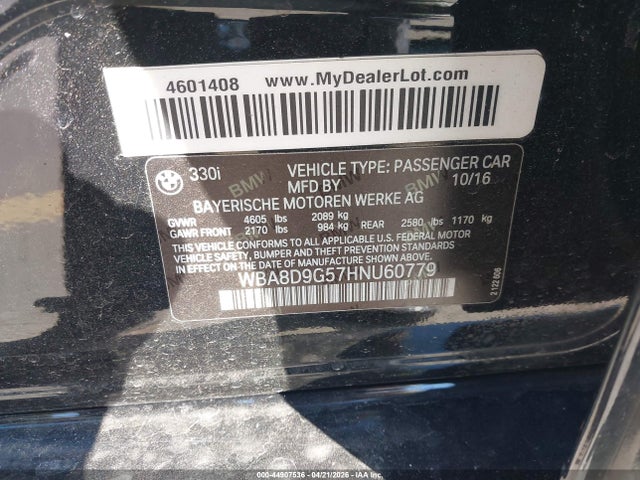 2017 Bmw 330i Xdrive მანქანა იყიდება აუქციონზე, vin: WBA8D9G57HNU60779, აუქციონის ნომერი: 44907536