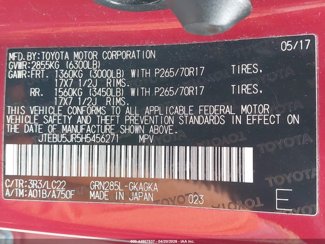 JTEBU5JR5H5456271 Toyota 4runner Trd Off Road Premium