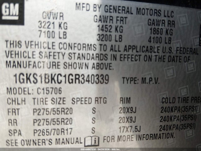 Aukcja sprzedaży 2016 Gmc Yukon Slt, vin: 1GKS1BKC1GR340339, numer aukcji: 44907538