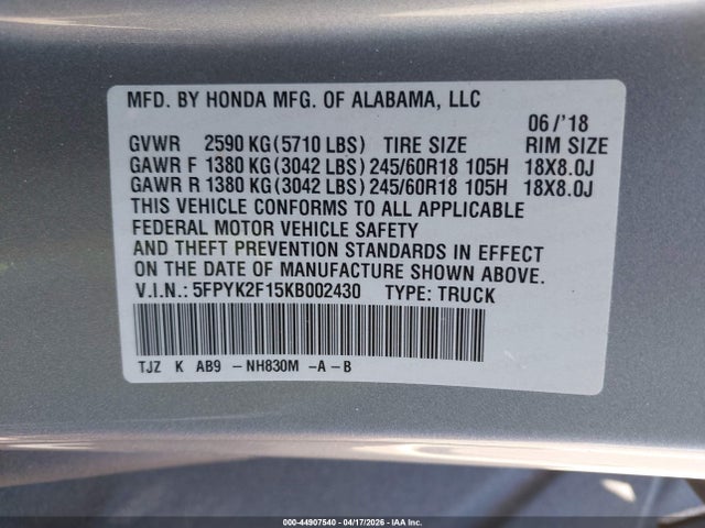 Honda Ridgeline Sport 2019 5FPYK2F15KB002430 Image 9
