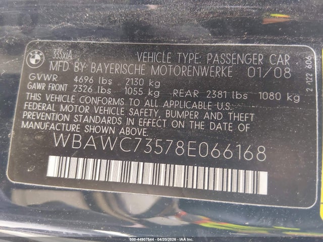 44907544 :رقم المزاد ، WBAWC73578E066168 vin ، 2008 Bmw 335xi مزاد بيع