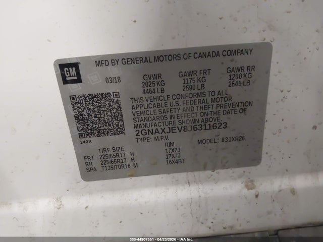 Aukcja sprzedaży 2018 Chevrolet Equinox Lt, vin: 2GNAXJEV8J6311623, numer aukcji: 44907551