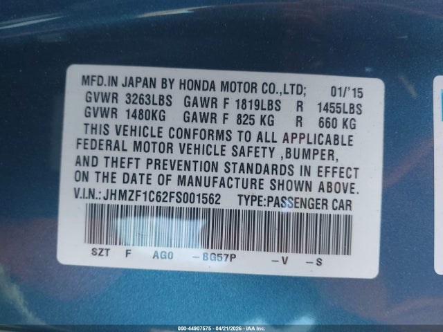 Aukcja sprzedaży 2015 Honda Cr-z Ex, vin: JHMZF1C62FS001562, numer aukcji: 44907575