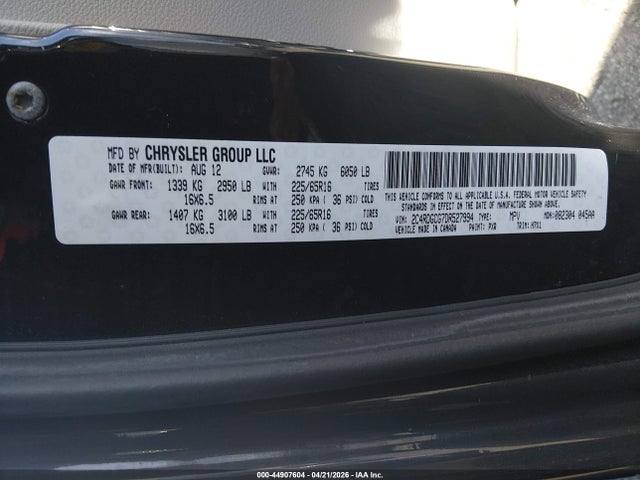 2013 Dodge Grand Caravan Sxt მანქანა იყიდება აუქციონზე, vin: 2C4RDGCG7DR527994, აუქციონის ნომერი: 44907604