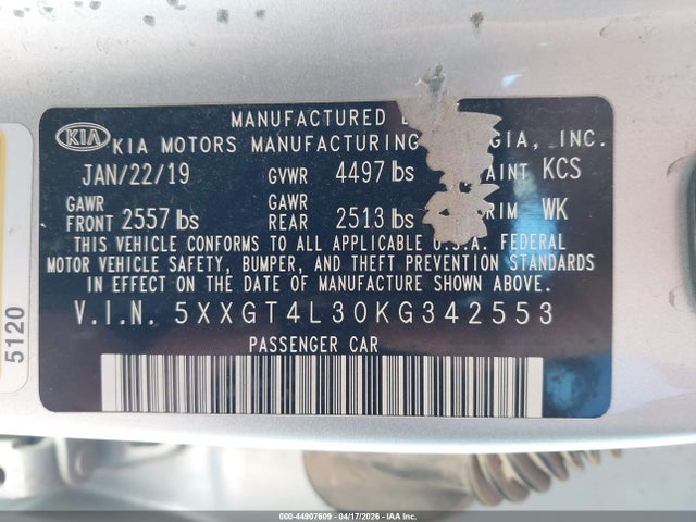 Продаж на аукціоні авто 2019 Kia Optima Lx, vin: 5XXGT4L30KG342553, номер лоту: 44907609