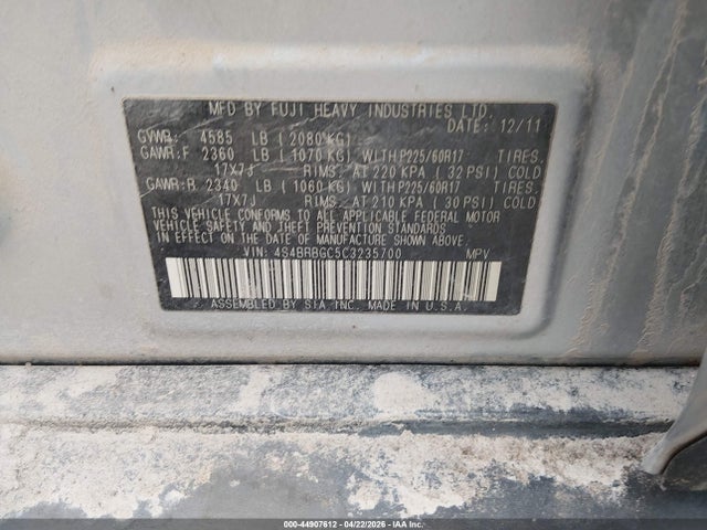 44907612 :رقم المزاد ، 4S4BRBGC5C3235700 vin ، 2012 Subaru Outback 2.5i Premium مزاد بيع