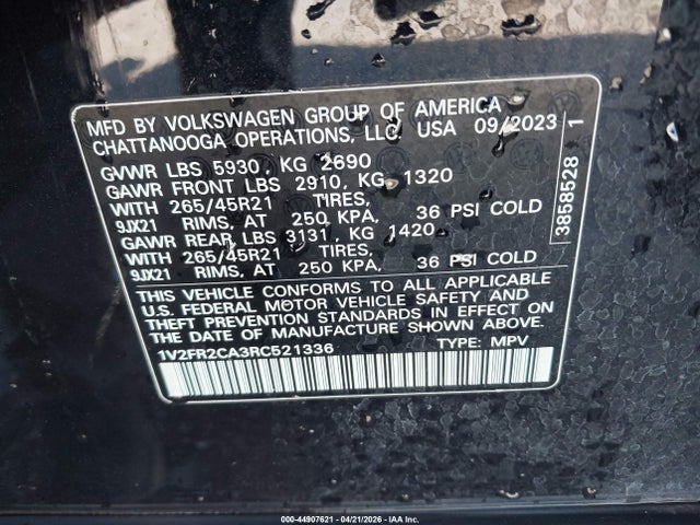 2024 Volkswagen Atlas 2.0t Sel Premium R-line მანქანა იყიდება აუქციონზე, vin: 1V2FR2CA3RC521336, აუქციონის ნომერი: 44907621