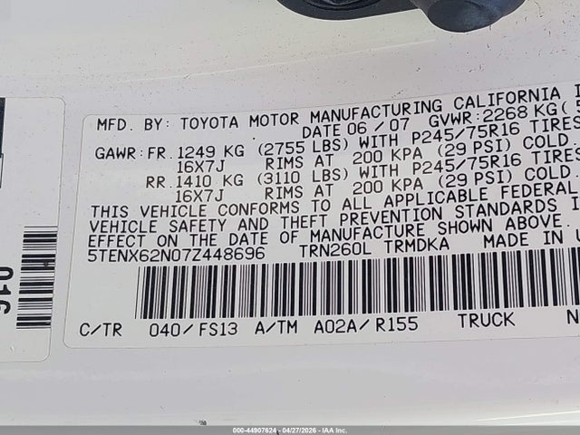 2007 Toyota Tacoma Prerunner მანქანა იყიდება აუქციონზე, vin: 5TENX62N07Z448696, აუქციონის ნომერი: 44907624