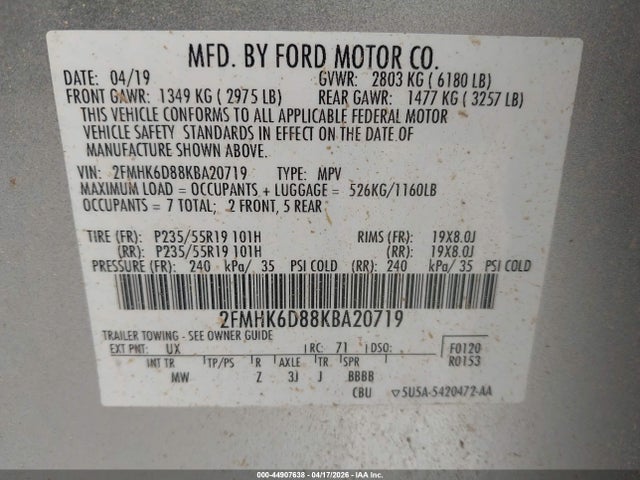 2019 Ford Flex Limited მანქანა იყიდება აუქციონზე, vin: 2FMHK6D88KBA20719, აუქციონის ნომერი: 44907638