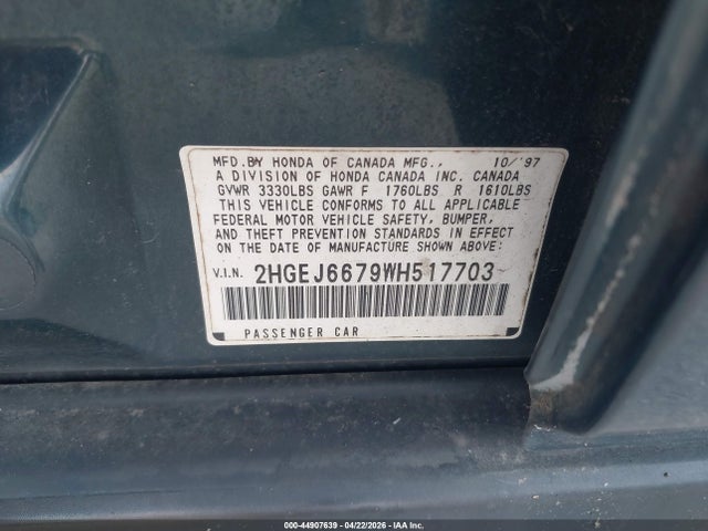 44907639 :رقم المزاد ، 2HGEJ6679WH517703 vin ، 1998 Honda Civic Lx مزاد بيع