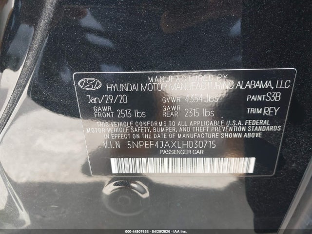2020 Hyundai Sonata Sel მანქანა იყიდება აუქციონზე, vin: 5NPEF4JAXLH030715, აუქციონის ნომერი: 44907658