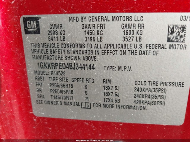 44907673 :رقم المزاد ، 1GKKRPED4BJ344144 vin ، 2011 Gmc Acadia Sle مزاد بيع