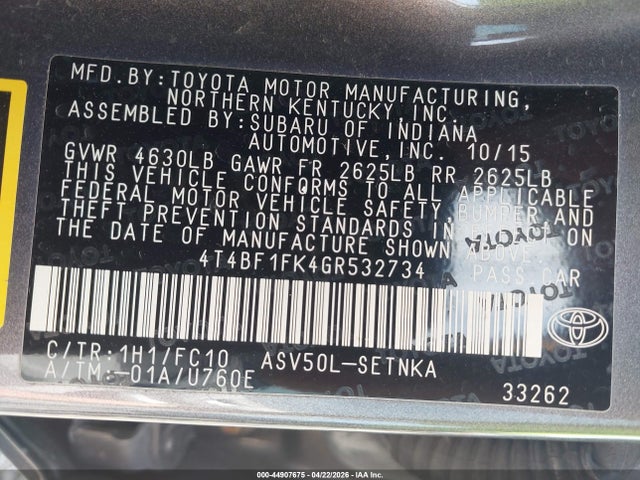 Продаж на аукціоні авто 2016 Toyota Camry Le, vin: 4T4BF1FK4GR532734, номер лоту: 44907675