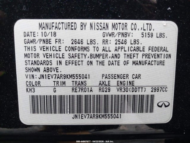 44907677 :رقم المزاد ، JN1EV7AR9KM555041 vin ، 2019 Infiniti Q50 3.0t Luxe مزاد بيع