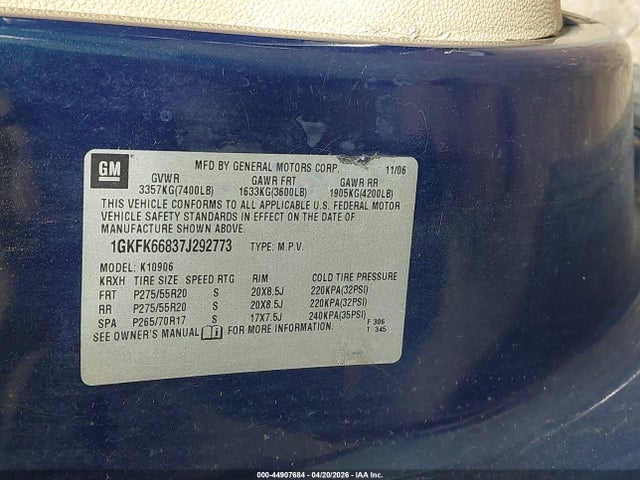 Aukcja sprzedaży 2007 Gmc Yukon Xl 1500 Denali, vin: 1GKFK66837J292773, numer aukcji: 44907684