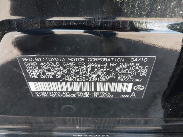 2010 Lexus Es 350 მანქანა იყიდება აუქციონზე, vin: JTHBK1EG5A2391357, აუქციონის ნომერი: 44907707