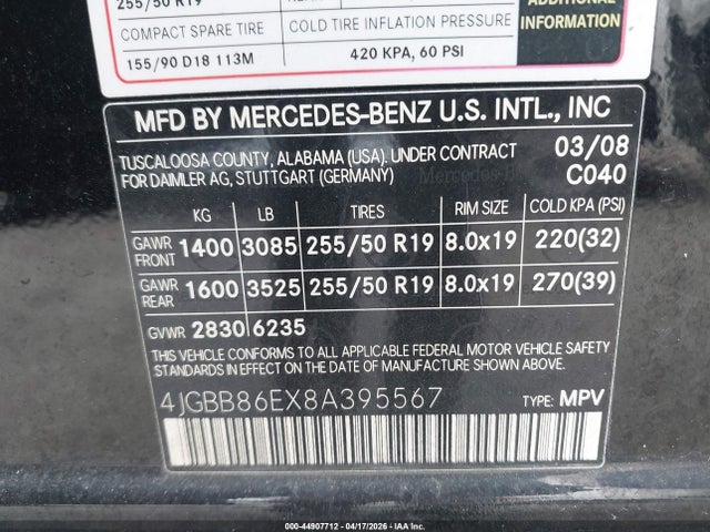 Продажа на аукционе авто 2008 Mercedes-benz Ml 350 4matic, vin: 4JGBB86EX8A395567, номер лота: 44907712